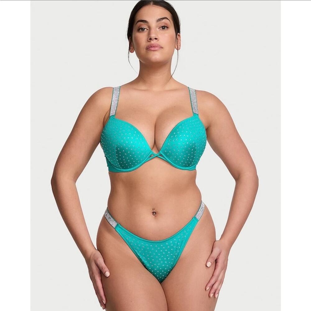 Victoria's Secret Teal Polka Dot Bikini Set with Silver Straps
